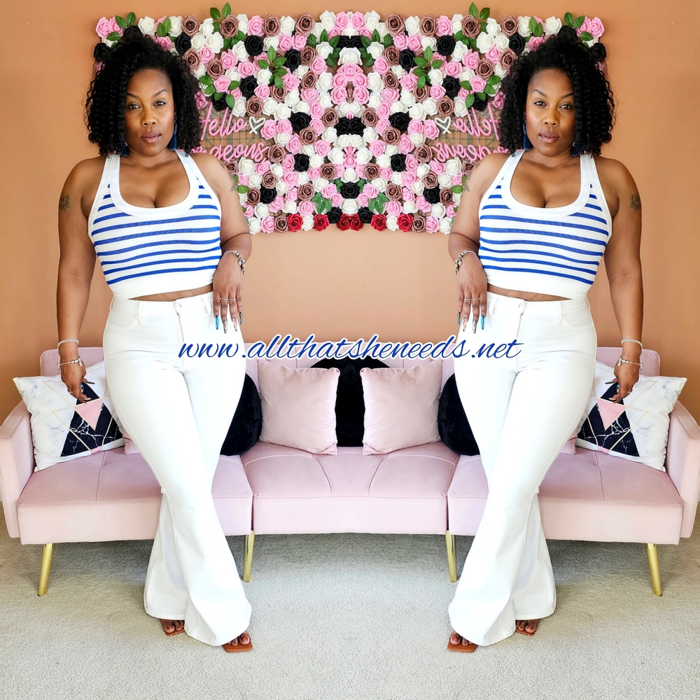 Striped Blue and White Tank Top with White Flared Pants